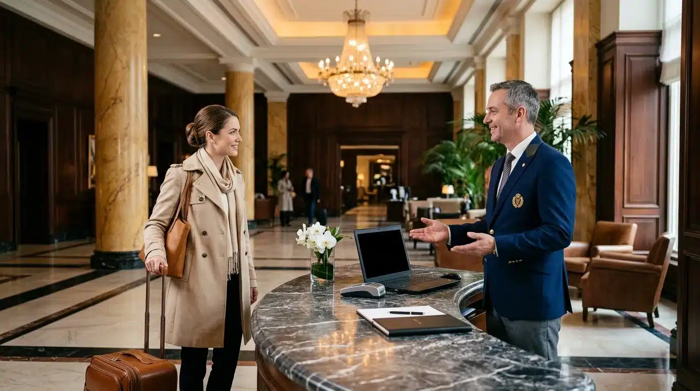 Concierge accueille une cliente à la réception luxueuse