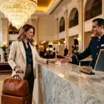 Réceptionniste accueillant une cliente à l'hôtel