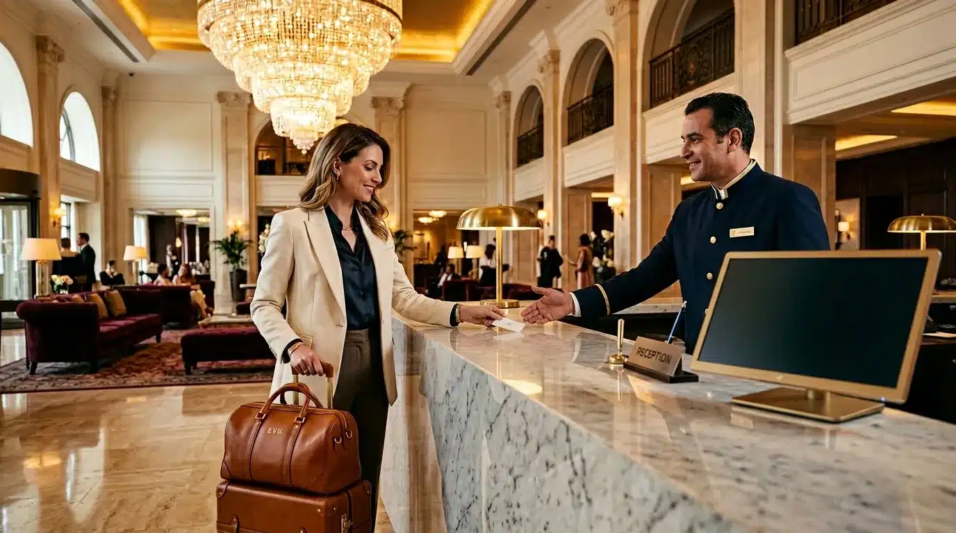 Réceptionniste accueillant une cliente à l'hôtel
