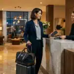 Femme d'affaires à la réception d'un boutique hôtel luxueux