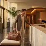 Réceptionniste accueillant client avec bagages à l'hôtel