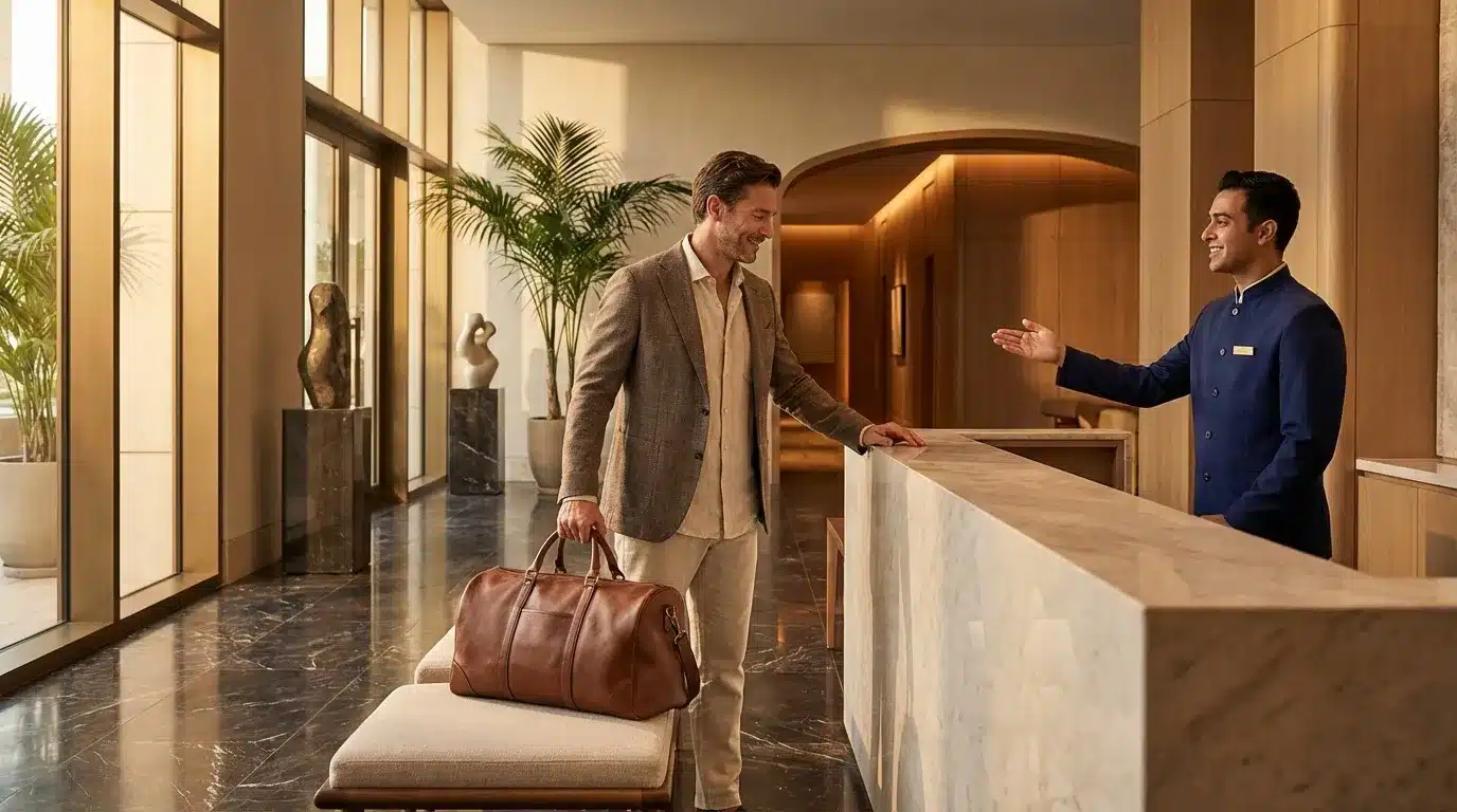 Réceptionniste accueillant client avec bagages à l'hôtel