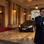 Portier en uniforme bleu accueille devant Mercedes noire