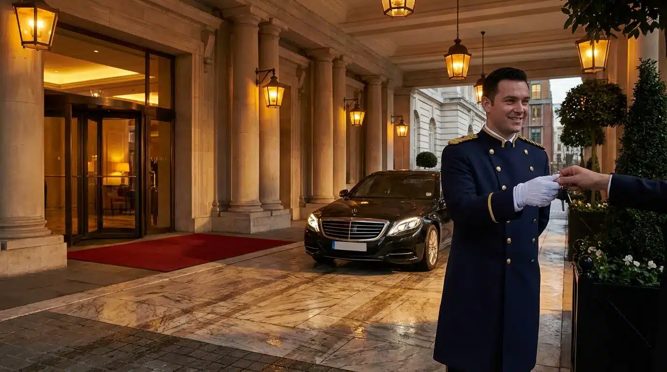 Portier en uniforme bleu accueille devant Mercedes noire