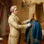 Gentleman en habit blanc ajuste vêtement bleu dans salon rococo