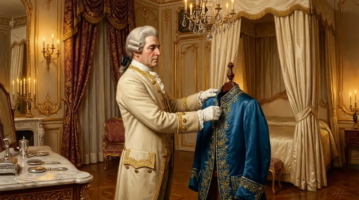 Gentleman en habit blanc ajuste vêtement bleu dans salon rococo