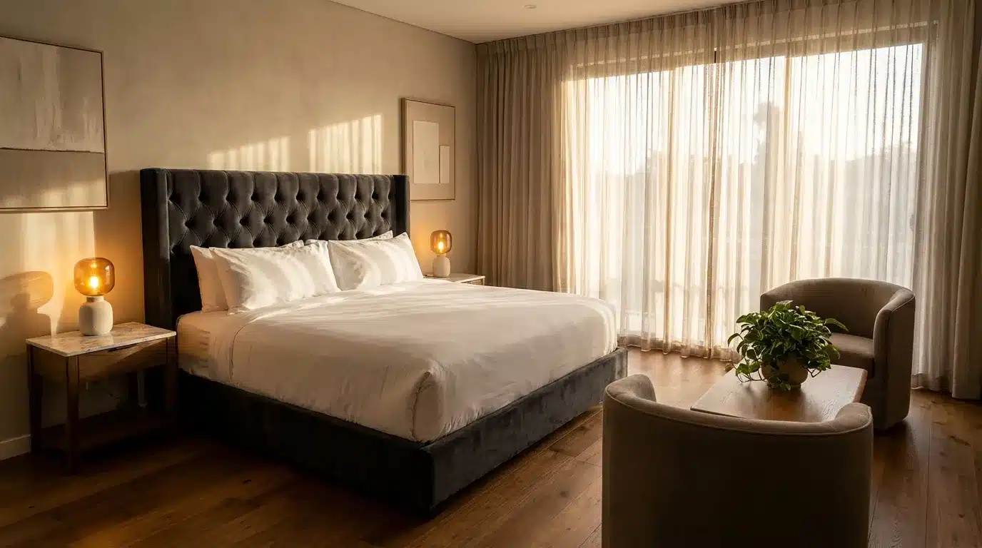 Chambre élégante avec lit king-size, fauteuil et grandes fenêtres