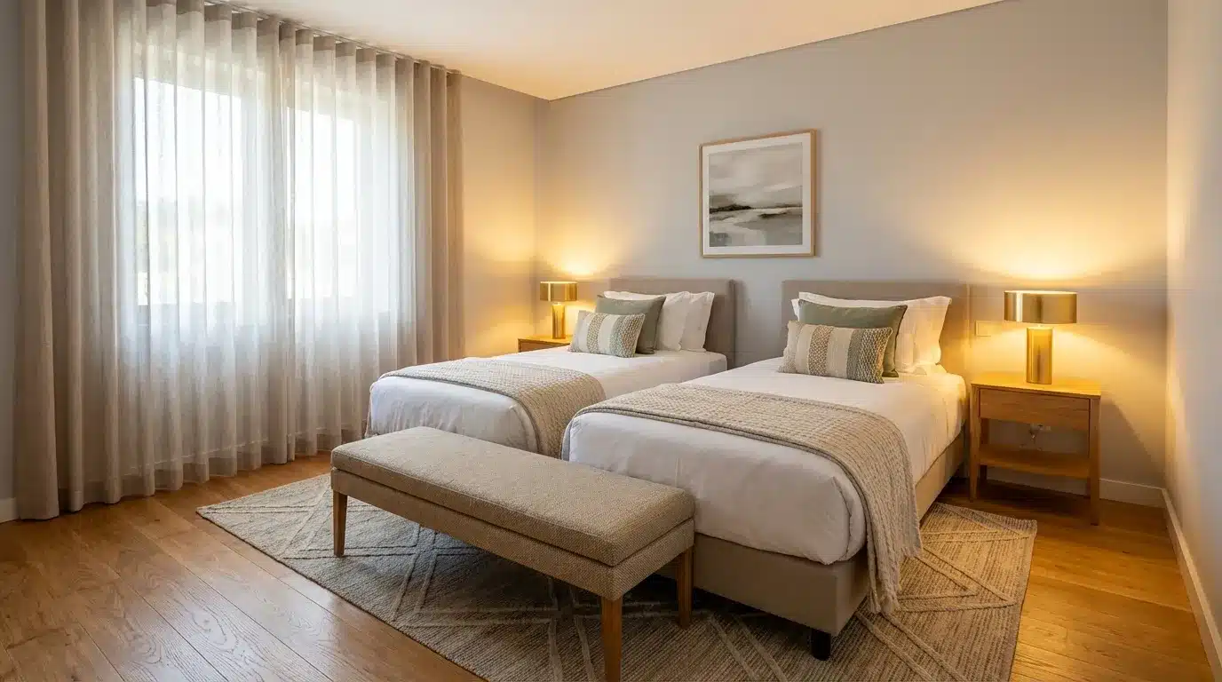 Chambre twin haut de gamme avec deux lits, éclairage chaud, décoration épurée