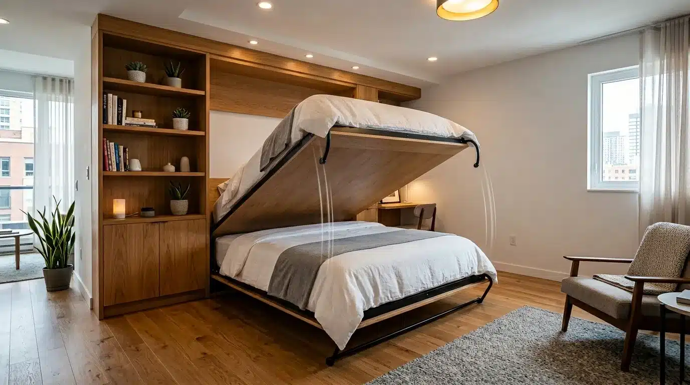 Lit escamotable relevé dans chambre contemporaine avec rangements bois