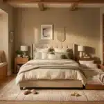 Chambre élégante avec mobilier bois, lit beige et fenêtre ensoleillée