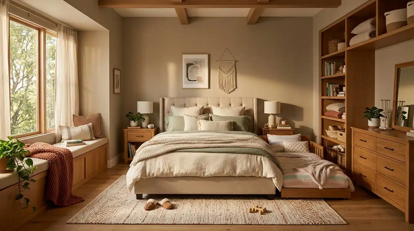 Chambre élégante avec mobilier bois, lit beige et fenêtre ensoleillée