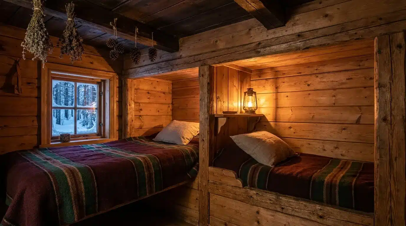 Chambre en bois avec deux lits et fenêtre enneigée