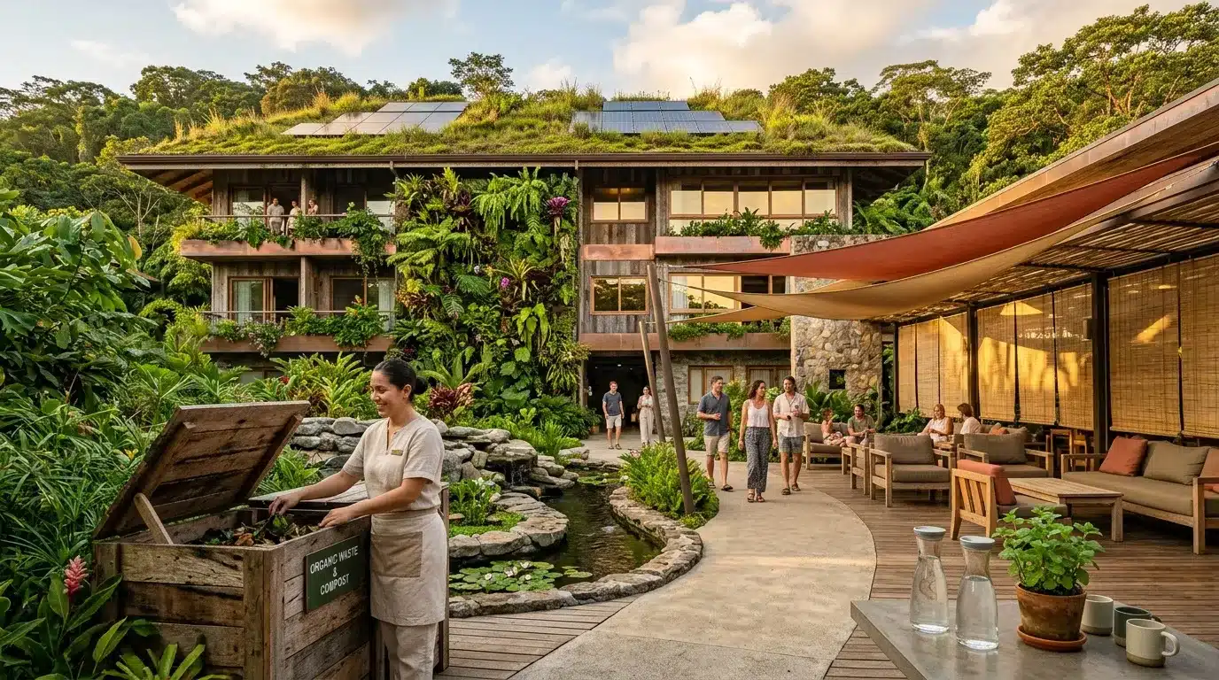 Femme composte dans un resort durable entouré de verdure