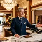 Homme en uniforme bleu accueillant les clients au comptoir