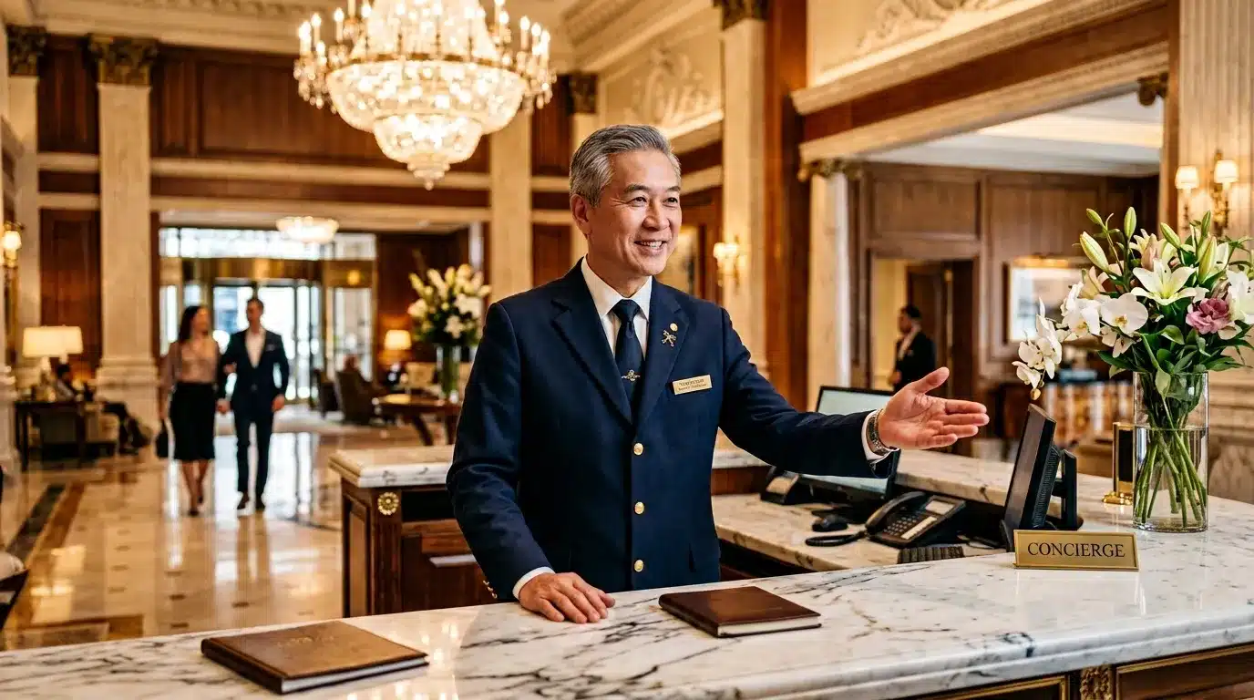 Homme en uniforme bleu accueillant les clients au comptoir