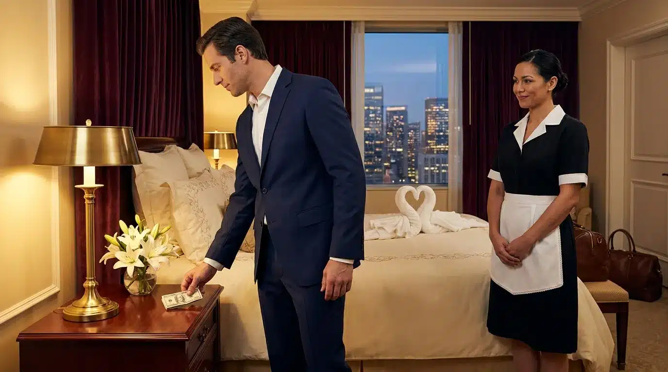 Homme d'affaires donnant argent à femme de chambre