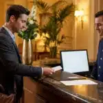 Client remettant sa carte à la réception d'un hôtel luxueux