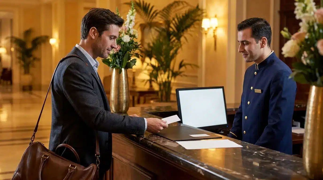 Client remettant sa carte à la réception d'un hôtel luxueux