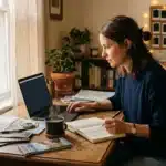 Femme écrit à son bureau avec ordinateur portable et café