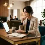 Femme en blazer beige travaillant sur laptop dans lobby d'hôtel luxueux
