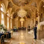 Galerie somptueuse avec lustres, colonnes dorées et marbres