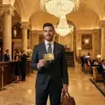 Homme en costume tenant carte dans hôtel élégant