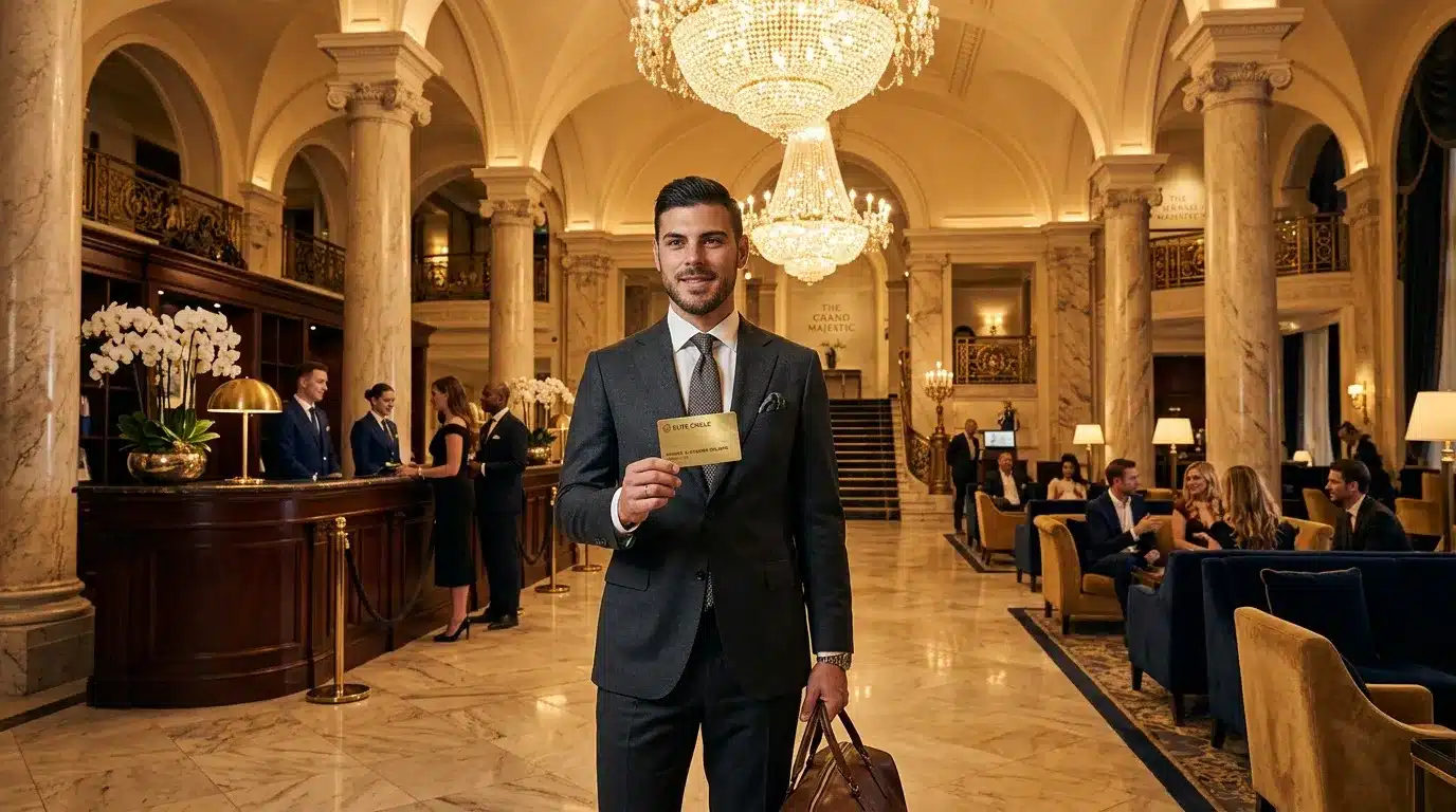 Homme en costume tenant carte dans hôtel élégant