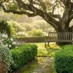 Banc de bois sous grand arbre dans jardin fleuri