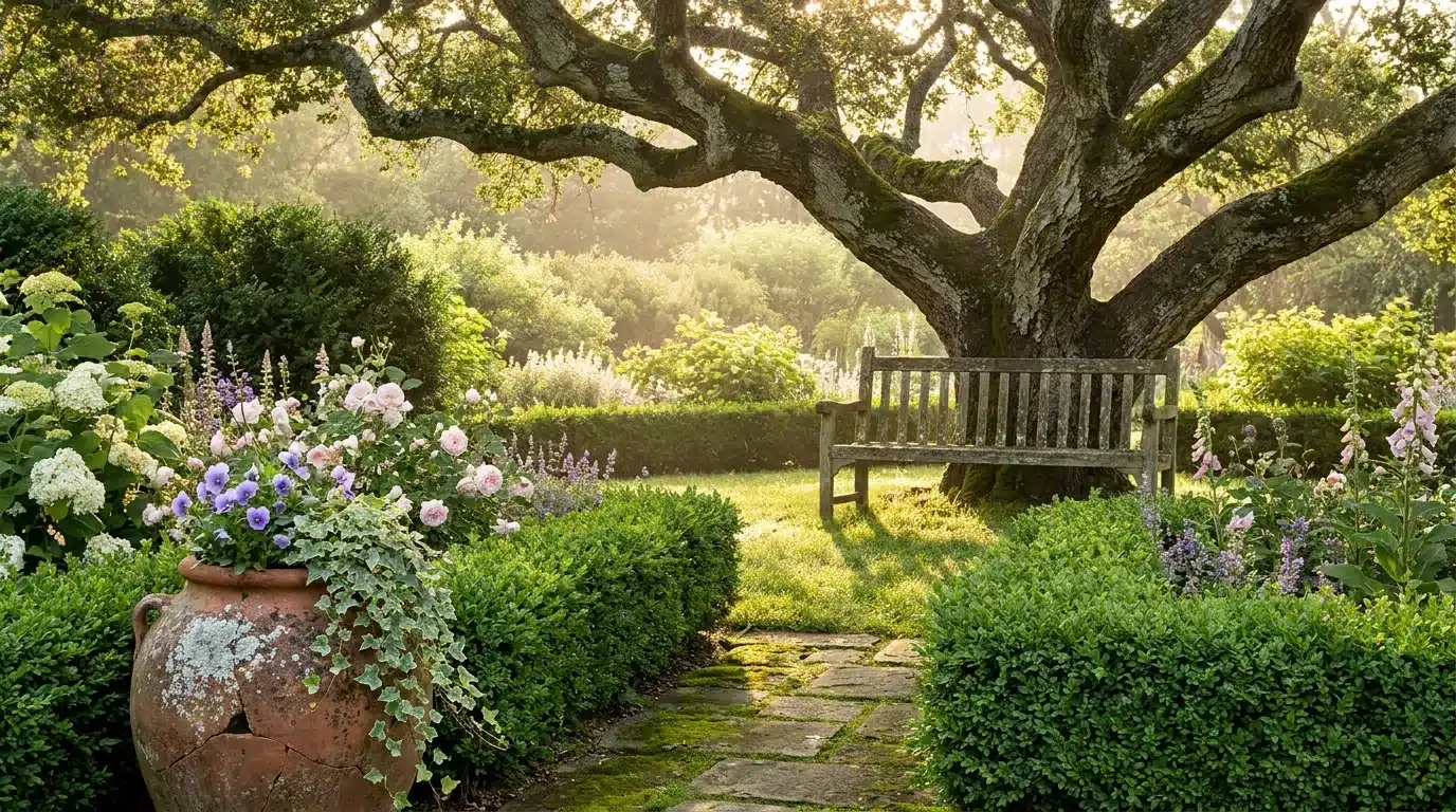 Banc de bois sous grand arbre dans jardin fleuri