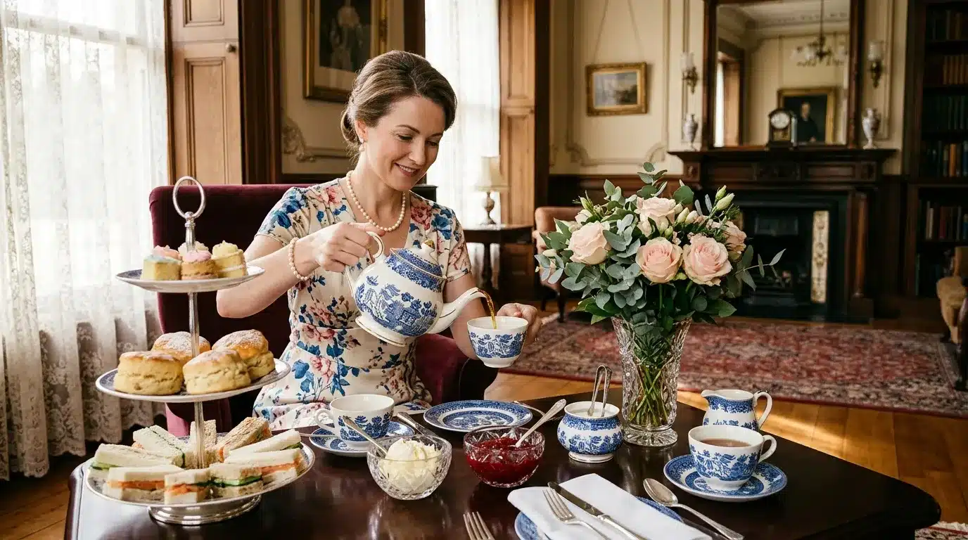 Femme servant le thé lors d'un goûter raffiné
