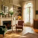Réception luxueuse avec cheminée, fauteuils et grandes fenêtres