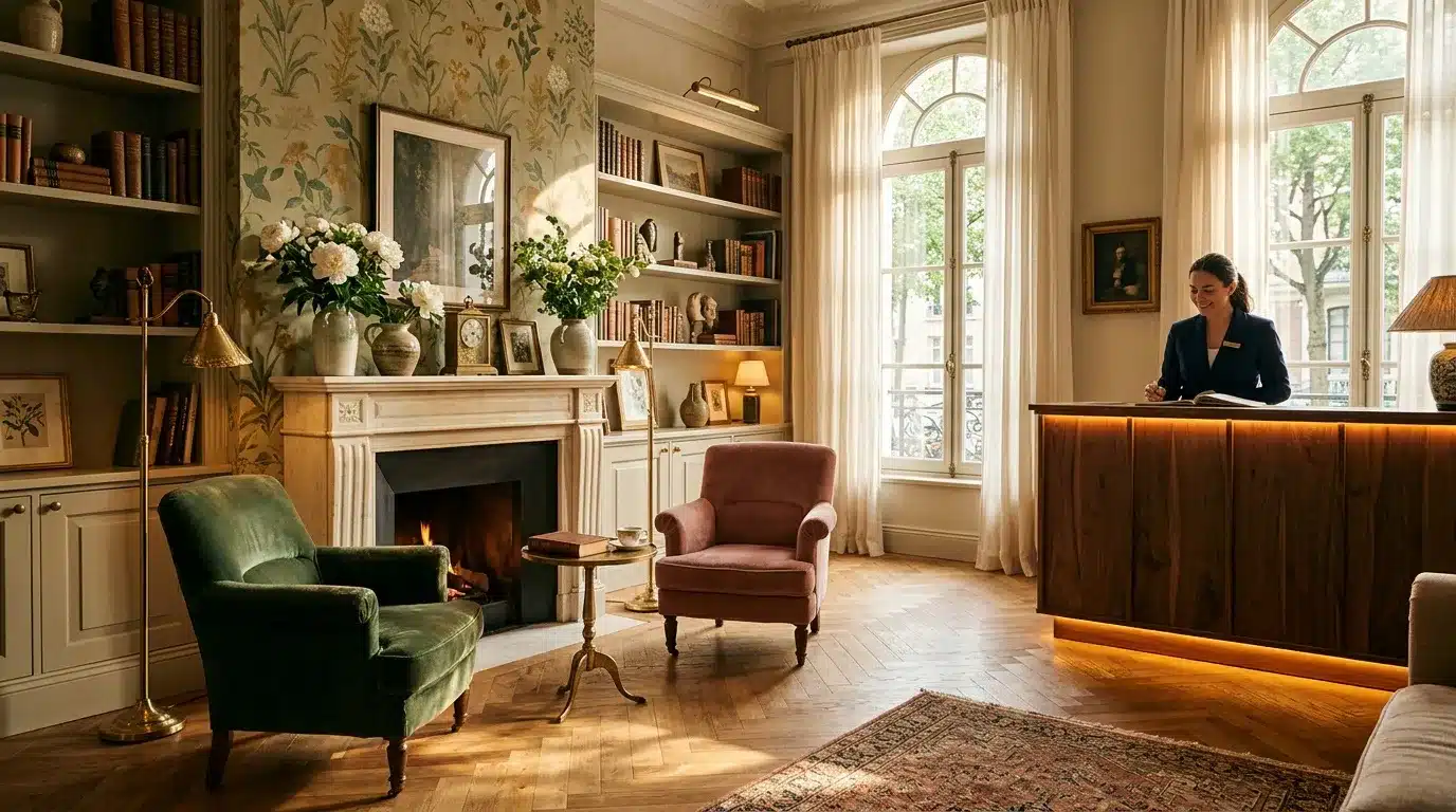 Réception luxueuse avec cheminée, fauteuils et grandes fenêtres