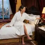 Femme en peignoir blanc dans une chambre d'hôtel de luxe