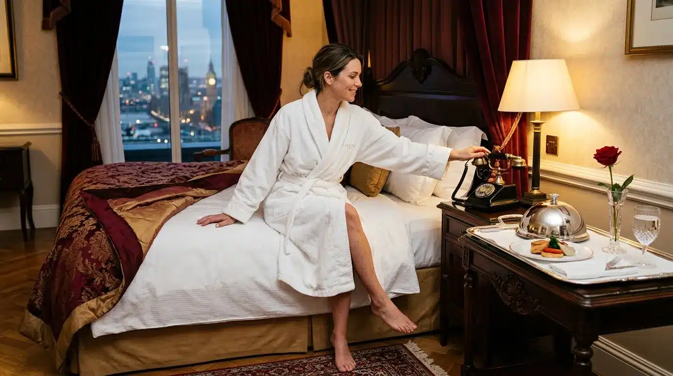 Femme en peignoir blanc dans une chambre d'hôtel de luxe