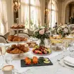 Table de petit-déjeuner luxueuse avec viennoiseries, fruits et fleurs
