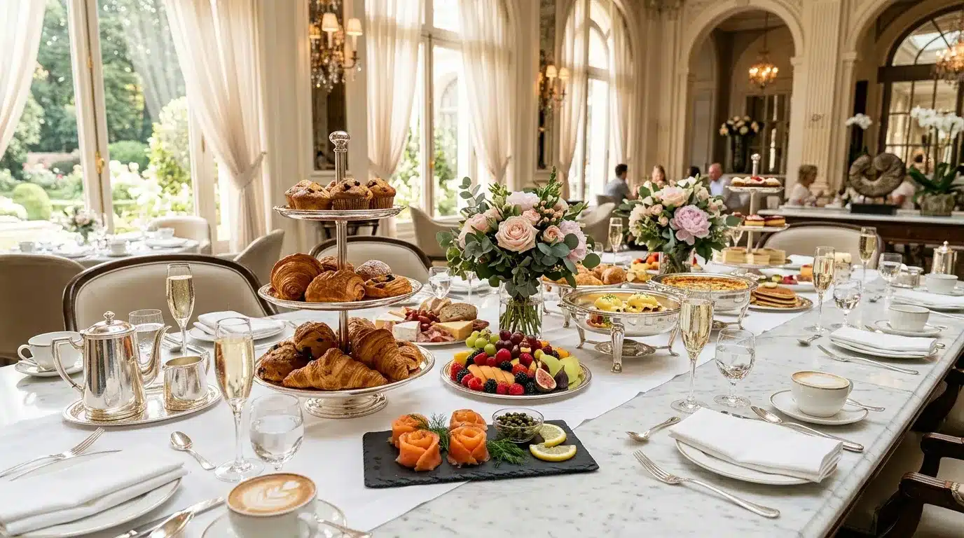 Table de petit-déjeuner luxueuse avec viennoiseries, fruits et fleurs