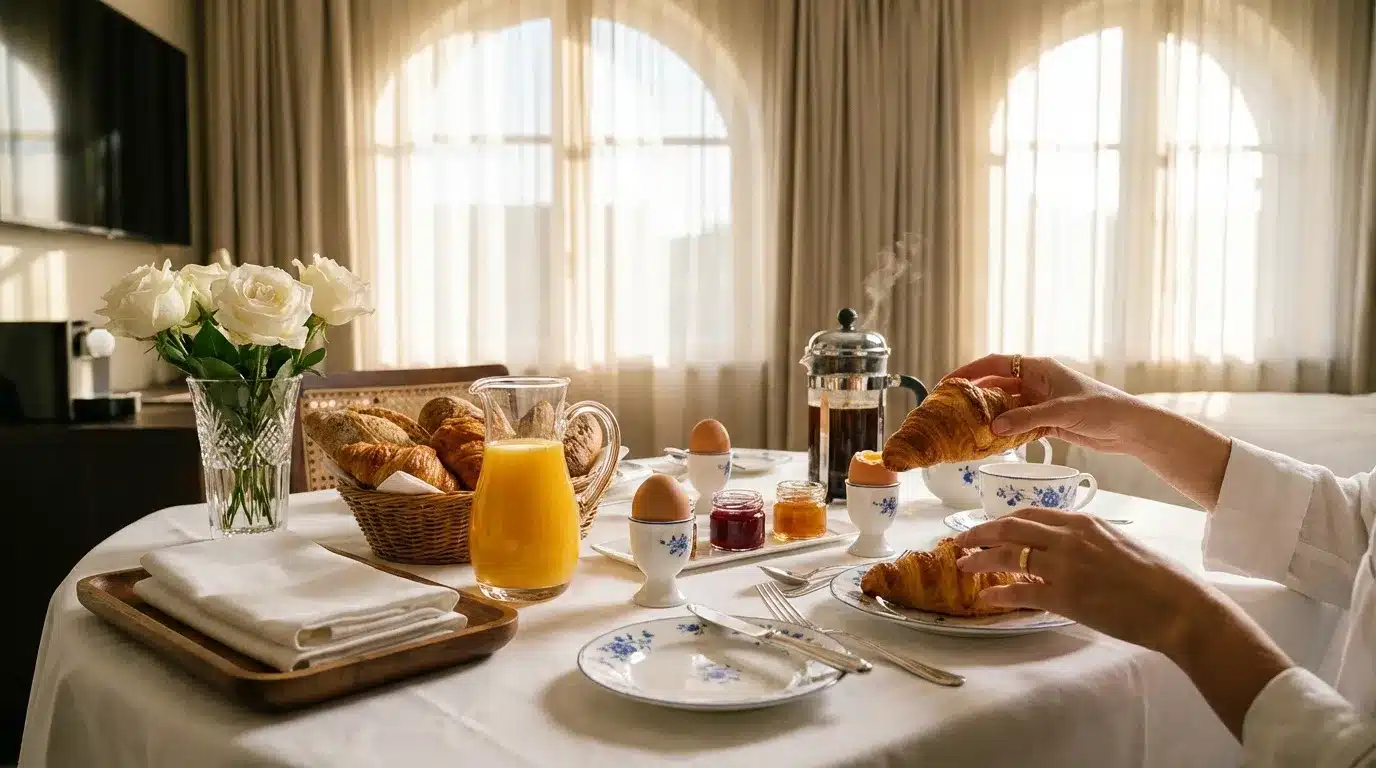 Table dressée avec croissants, fleurs blanches et vue panoramique