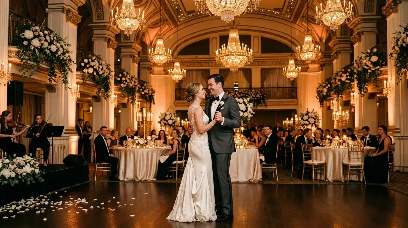 Couple dansant dans une salle de bal luxueuse décorée de fleurs blanches