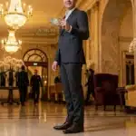 Homme élégant présentant carte prestige dans hall luxueux doré