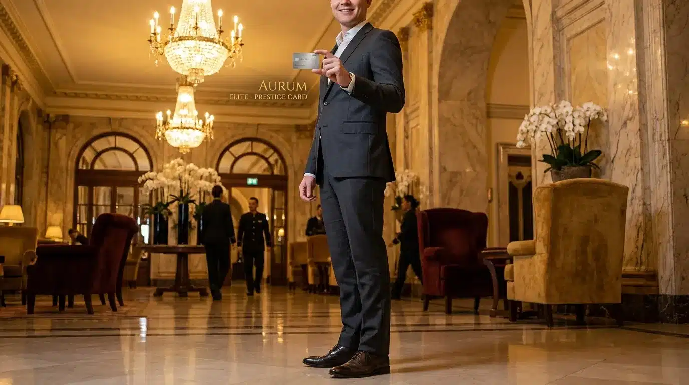 Homme élégant présentant carte prestige dans hall luxueux doré