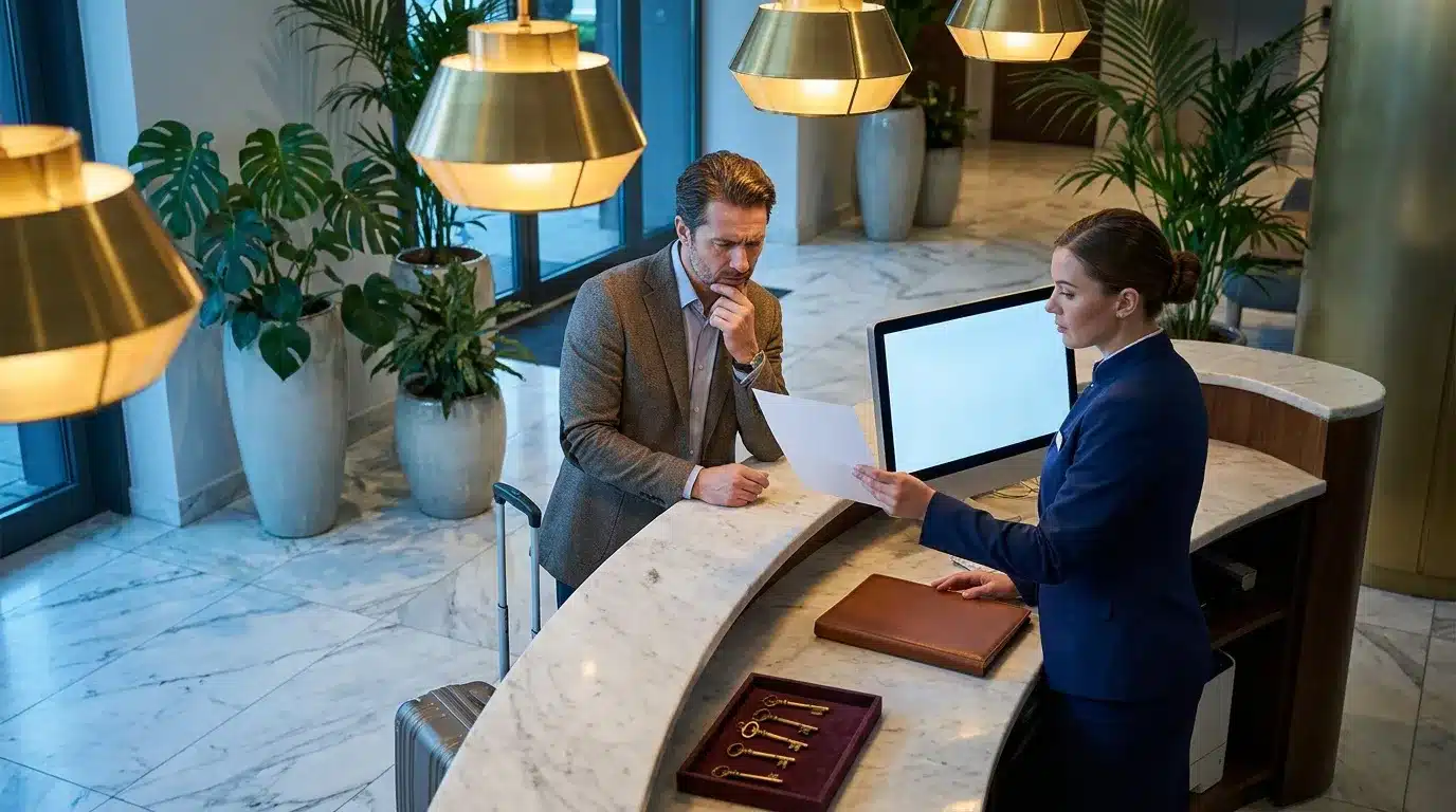 Réceptionniste et homme d'affaires à la réception d'hôtel luxe