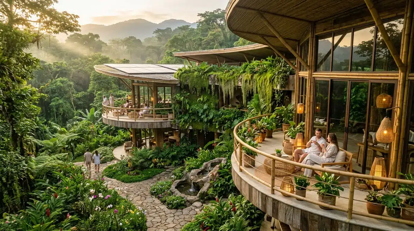 Terrasse panoramique surplombant la jungle dense et verdoyante