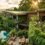 Resort écologique avec piscine, bâtiments verts, staff et jungle luxuriante