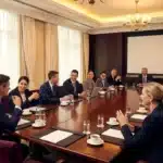 Groupe de professionnels en réunion autour d'une table de conférence