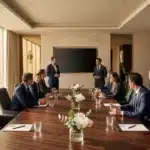 Cadres en réunion autour d'une table en bois
