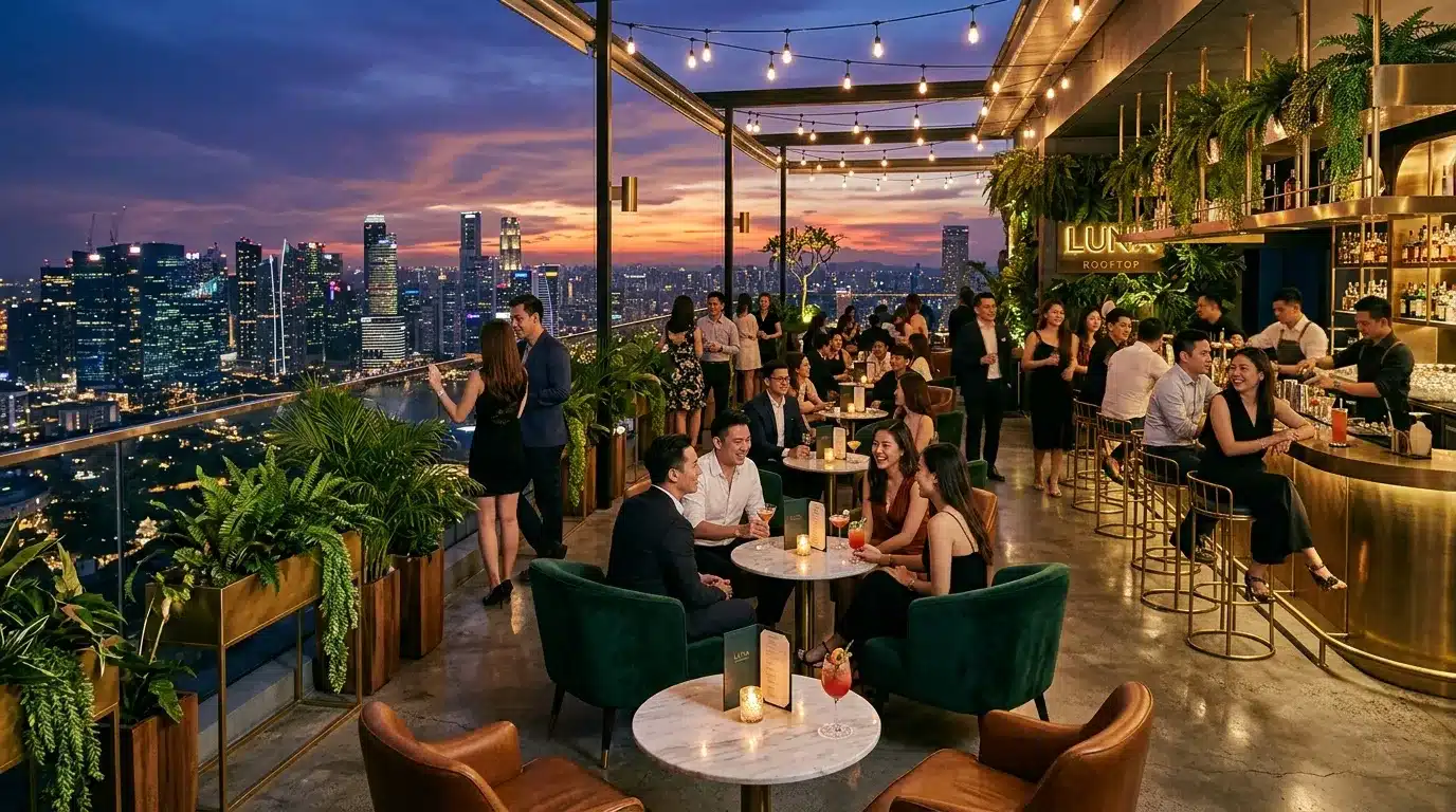 Rooftop bar animé avec vue sur skyline illuminé au crépuscule