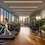 Femme sur tapis roulant, gym moderne avec vue cityscape