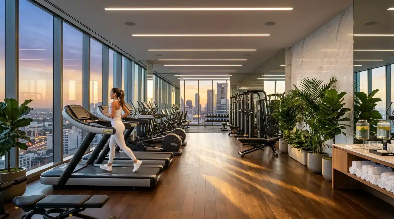 Femme sur tapis roulant, gym moderne avec vue cityscape