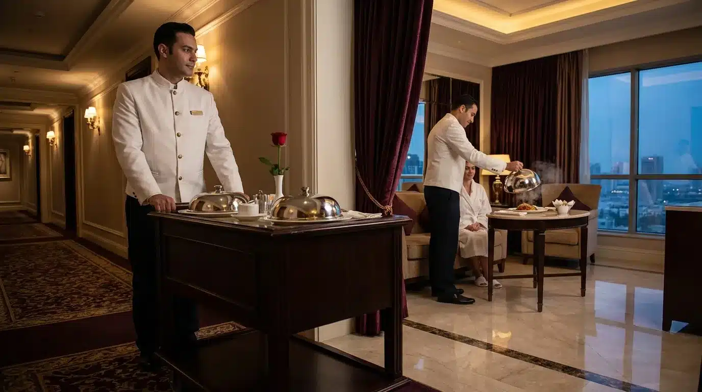 Serveurs en uniforme blanc servant le dîner en suite hôtelière