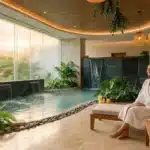 Femme en robe blanche relaxant dans un spa moderne avec bassin